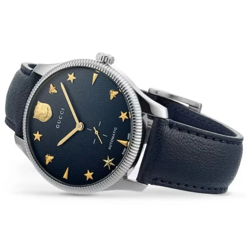 $3950 Gucci G-Timeless 40mm Charm Dial Automatic Watch, Deep Navy Blue